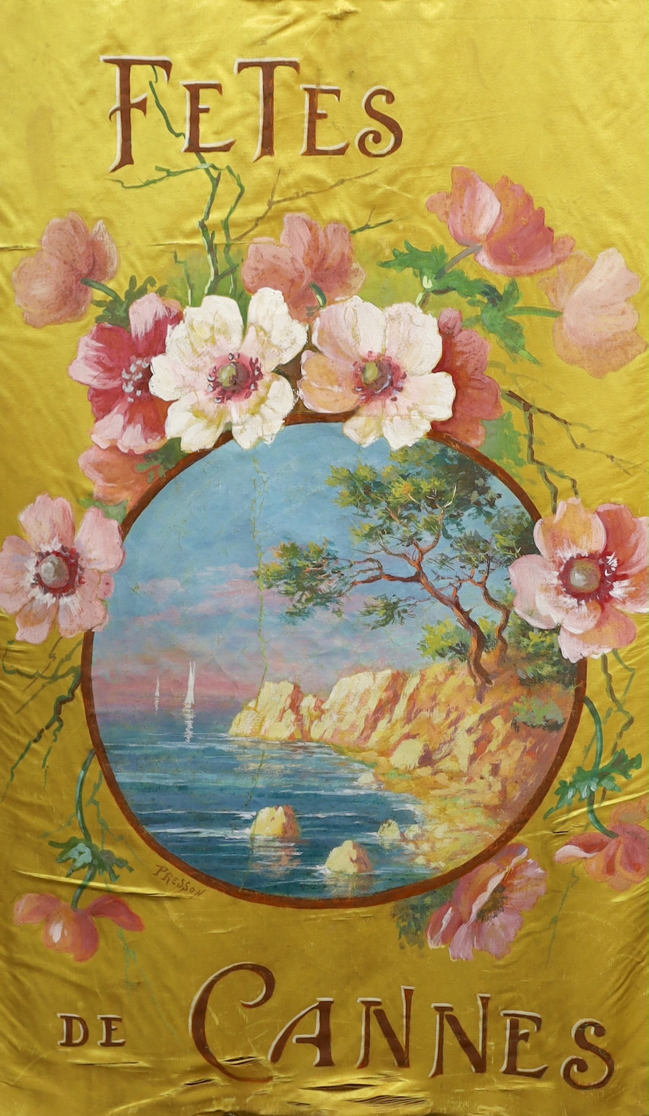 Pol Presson (20th. C) vintage silk 'Fetes de Cannes' banner painted with a French coastal landscape